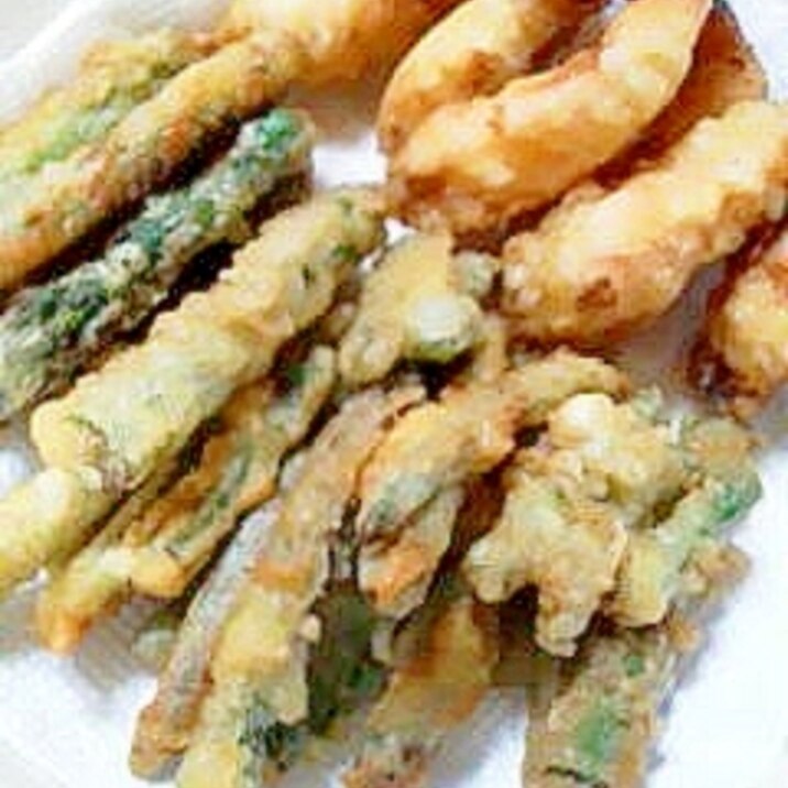 塩麹漬けのえびと野菜で天ぷら